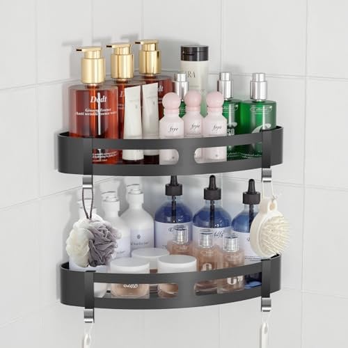 Newlemo Corner Shower Shelves 2 Pack, Corner Shelve Bathroom, Corner Shower Caddy, Bathroom Shelves Wall Mounted with 4 Aactivity Hooks, Suitable for Bathroom Kitchen Bedroom Vanity