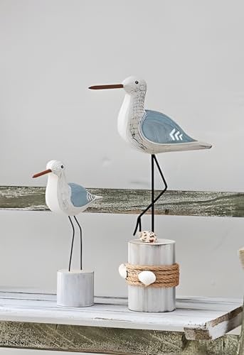Dekoleidenschaft 2X Dekofigur Vogel aus Holz & Metall, Maritime Deko, Dekovogel, Figurenset