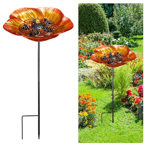 Bee Feeder with Flower Design, Iron Vivid Bird Watering Station Bee Drinking Stations Mini Bee Water Cups with 30pcs Colorful Glass Marbles for Birds Butterfly Outside Garden Courtyard Decor