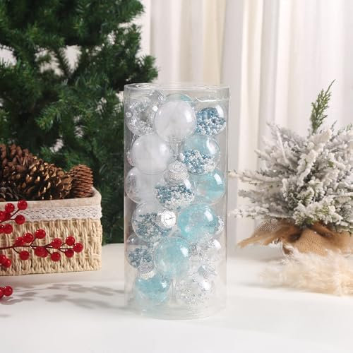 VITEVER Weihnachtskugeln, 24ct 6cm Christbaumkugeln Weihnachtskugel, Weihnachtsbaumschmuck Christbaumschmuck mit Aufhänger, Deko Weihnachten, Thema Silber Blau