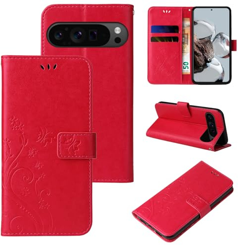 LBH Handy Hülle für Google Pixel 9 Pro XL Case Handytasche Schmetterling Blumen Flower Standfunktion Schutzhülle Magnet Rundum Schutz 360 Grad Flipcase Cover Rot