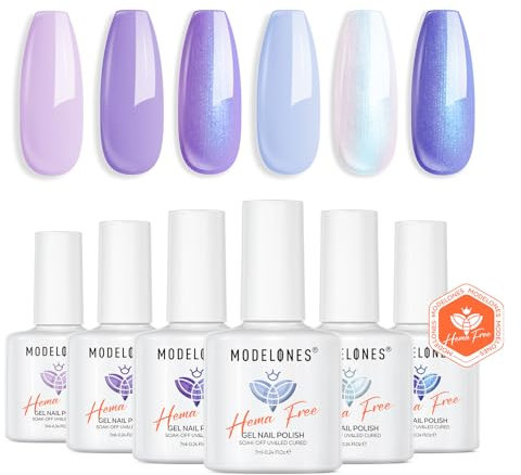 Modelones Hema Free Purple Gel Nail Polish Set, 6 Colors White Blue Shimmer Violet Mermaid Gel Polish Cat Eye Glitter Nail Polish Soak Off Led Manicure Nail Art DIY Gifts