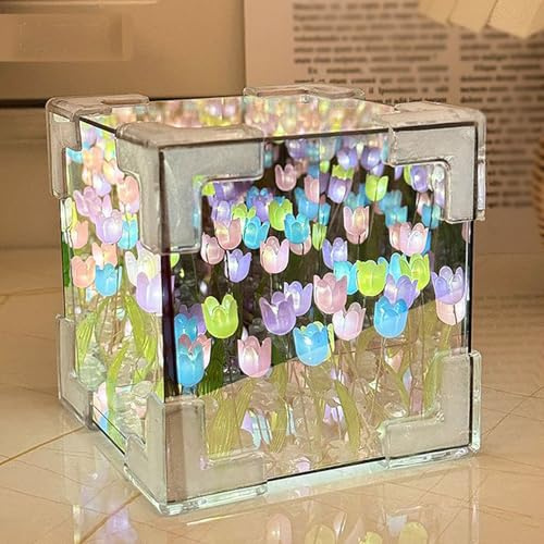 Blossom Box, DIY Tulpen Würfel Spiegel Lampe, 2 in 1 DIY Tulpe Nachtlicht, Handgefertigte Romantische Nachttischlampe, Tulpe LED Tischleuchte, Dekorative Blume Lampe für Schlafzimmer Dekor (Bunt)