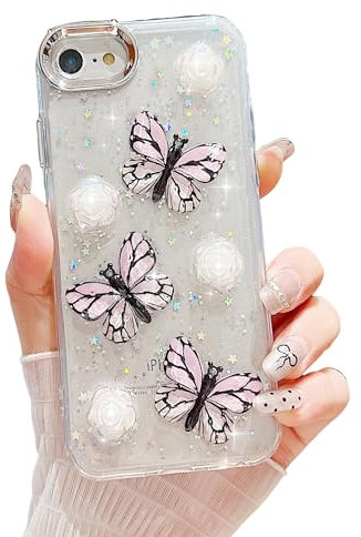 ZTUOK Case for iPhone 6 6S 7 8 for Women Girls,Cute 3D Butterfly Floral Design Sparkle Glitter Bling Soft TPU Cover Shockproof Protective Phone Case for iPhone SE 3 2022/iPhone SE 2 2020-Pink