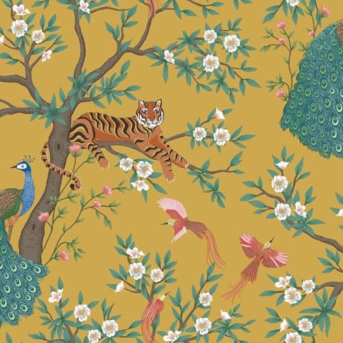 Priya Chinoiserie Mustard Wallpaper - Botanical Jungle Floral Flowers Animal Print - Trendy Stylish Feature Wall