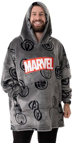 Marvel Avengers Herren tragbarer Decken-Hoodie | Grauer Pullover mit „Avengers All Over Print-Grafiksymbolen | Loungewear mit Sherpa-Futter und Kapuze fur Erwachsene, Einheitsgrosse