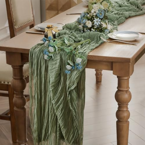 Käsetuch Salbeigrün Boho Tischläufer 90 x 400 cm Seihtuch Hochzeit | Tischläufer Dekoration outdoor Durchsichtiger Läufer für Party Weihnachten Geburtstag Jahrestag Taufe
