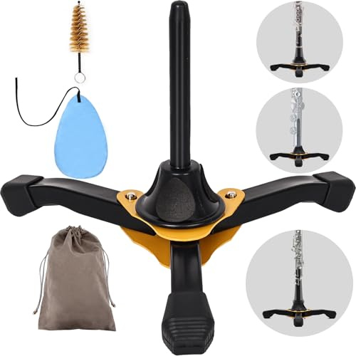 JUVAENY Clarinet Stand, Portable Flute Clarinet Stand with Flannel Bag,Clarinet Cleaning Cloth and Mouthpiece Brush, Foldable Flute Oboe Tripod Holder Stand Set, Combo 4Pack