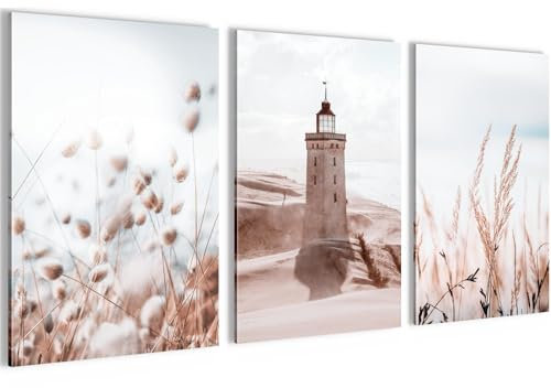 Novart Bilder Set Lichtturm Boho Meer - Kein Extra Rahmen benötigt - Wandbilder für Wohnzimmer Schlafzimmer Flur - 3 Teilig Deko Beige - N034936a