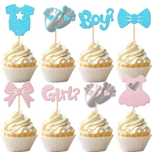 Xsstarmi 24 Pack Boy or Girl Cupcake Toppers Glitter Bow Tie Footprint Onesie Jumpsuit Cupcake Picks Gender Reveal Theme Cake Decorations for Baby Shower Kids Boys Girls Birthday Party Supplies