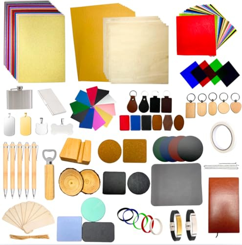 Mroy mio 135-teiliges Lasergravurmaterial-Set, 27 Arten Lasergravierer, Rohlinge für Laserbasteln, inklusive Holz, Acryl, Stoff, Stein, PU-Leder, Kieselalgenschlamm Materialien
