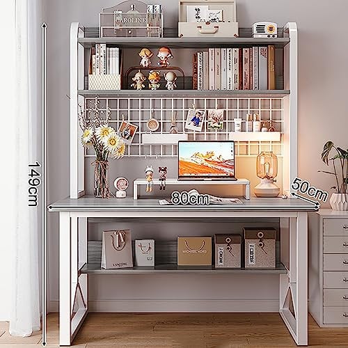 Moderner Computertisch mit Stall und Gitterregal für Zuhause, Büro, Arbeitszimmer, PC-Tisch mit Regalen, Grau, 78,7 x 50,8 x 149,9 cm