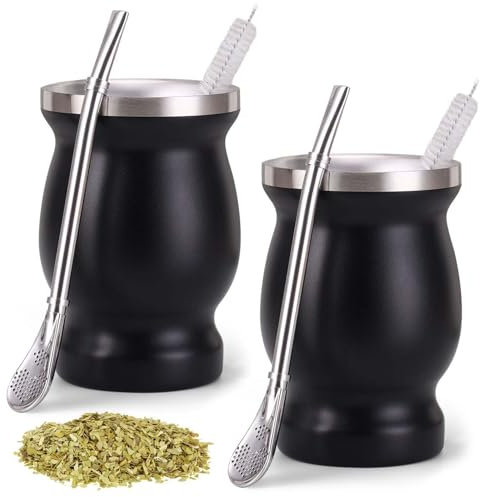 Juego de 2 vasos para mate, de acero inoxidable de doble pared, con cuchara de pajita y cepillo de limpieza, aislamiento térmico para té, café, leche y zumo (negro)