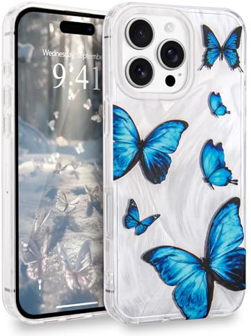 L-FADNUT for iPhone 16 Pro Max Case for Women Girls, Glitter Silver Cute Butterfly Pattern Phone Case, Trendy Shiny Soft Slim Protective TPU Anti-scratch Aesthetic Cover for iPhone 16 Pro Max, Blue