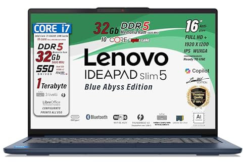 Lenovo, IDEAPAD SLIM 5, i7 13620H 13Th, DDR5 32Gb, Display WUXGA 16 IPS FHD+, SSD 1Tb (2 X 512Gb), Wi-Fi 6, Bt, USB Thunderbolt, Tastiera retroilluminata, Win11 Pro, Blue Abyss, Pronto all'Uso