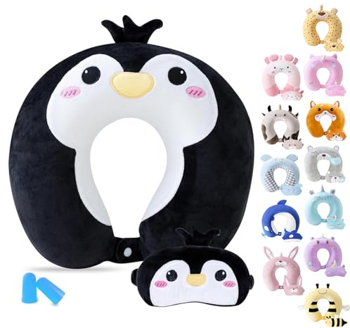Cirorld Kids Travel Pillow Cute Neck Pillow Traveling Memory Foam Airplane Pillow with Sleep Mask Animal Flight Head Rest Neck Support for Cars Long Flights Sleeping Girls Boys-penguin