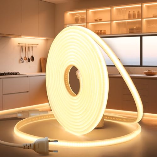 BRIMETI Striscia COB LED Luce 220V 10M Blanc Chaud 3000K Impermeabile IP65 LED Neon Nastro Alta Luminosità 320LED/m Flessibile Tagliabile Luce per Esterno Interno Giardino Cucina Feste Decorazione