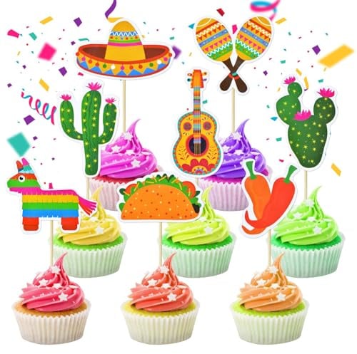 CharmeFleur 32 Stück mexikanische Fiesta Cupcake Toppers - Kaktus Sombrero Maraca Gitarre Taco Piñata Chili Pepper Cupcake Picks mexikanischen Fiesta Thema Cinco de Mayo Geburtstag Party