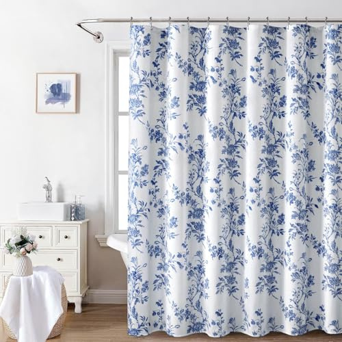 Awellife Tenda da doccia blu, in cotone, motivo floreale, tenda da doccia per bagno, 182,9 cm di larghezza x 198,1 cm di lunghezza