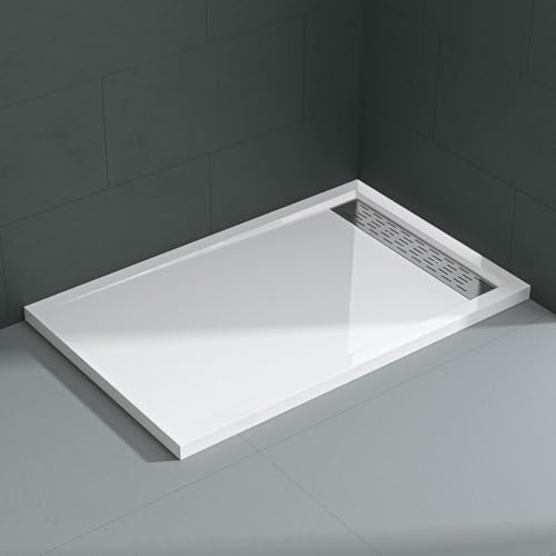 Mai & Mai Acrylic Shower Tray with Drain Set and Waste Outlet for Bathrooms | Rectangular Low-Profile Acrylic Pan with Waste Trap Included for Enclosure Installation, White, 80x140x5 cm, Xetro04 + AL01