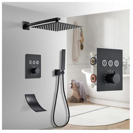 Ensemble de Douche, Robinet de Douche thermostatique Noir Mat, système de Douche à Effet Pluie et Cascade, Robinet mitigeur Mural à Bouton (8 Pouces, 3 Voies a)