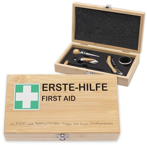 LAUBLUST Weinöffner Set als Geschenk - 5er Weinzubehörset als Sommelier Set - Erste Hilfe | Wein Zubehör mit Holz Geschenkbox | Coole Geschenke für Freunde & Kollegen - Weinset als Geburstagsgeschenk