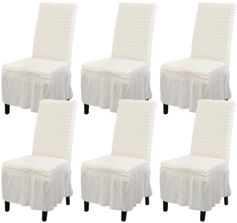 Rakila Abnehmbare Stretch-Stuhlhussen mit Rocksaum, 6er-Set, waschbar – Schonbezüge für Esszimmer- und Küchenstühle, Weiß