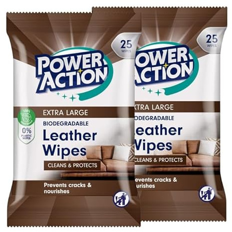 Power Action Extra Large Biodegradable Leather Wipes, 25 Count, Cleans and Protects, Prevents Cracks and Nourishes