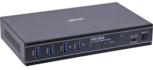 InLine KVM Switch, 2-Fach HDMI und USB-C Umschalter für 2 PCs, 4K60Hz HDR, USB 3.2, Ladefunktion, Hotkey/IR/RS232 Steuerung, ohne Treiber, hohe Kompatibilität, 57885E