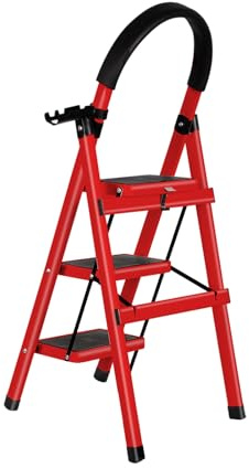 Escabeau Pliable en Acier, Marche Pied avec Plateforme de Travail,Charge 180 kg,Tabouret en Acier Marche Pied Adulte,pour la Maison,Cuisine, Placard et Bureau,104 x 57 x 41,5 cm–3 étapes (Rouge)