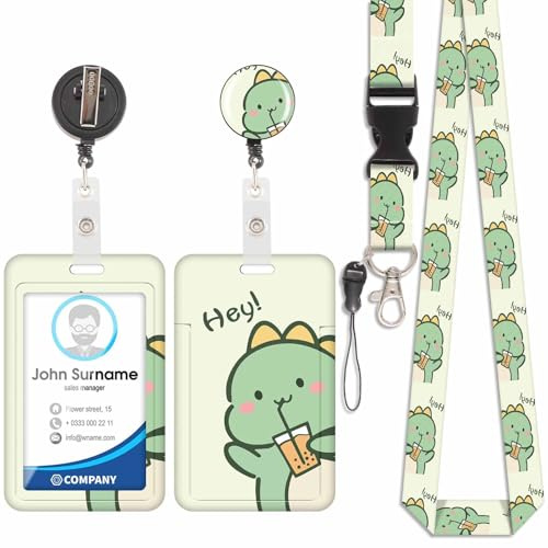 Porta badge con cordino girocollo con porta carte, porta carte con avvolgitore per badge retrattile, staccabile, cordino Swivel Lobster Clasp, per porta badge di identificazione (Dinosaure-4)