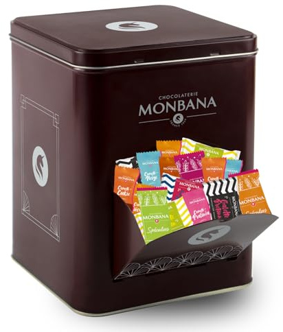 MONBANA - Assortiment de 180 mini-biscuits et croustilles en chocolat | Boîte distributrice en métal idéale comptoir, salon de thé, café, hôtel - Emballage individuel - Café gourmand