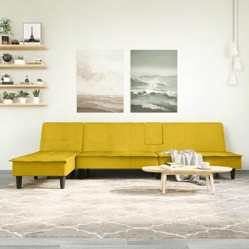 Yisssmeng Schlafsofa L-Form 255x140x70 cm Samt Gelb Couch mit USB Ladestation 3 Positionen Bettfunktion Ecksofa klein modular Gästebett für Wohnzimmer Büro platzsparend