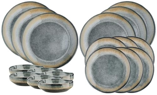BJORN GENESIS Les Essentiels Geschirrset 6 Personen – 18-teiliges Steinzeug Geschirr Set mit reaktiver Glasur, Kollektion TERRE