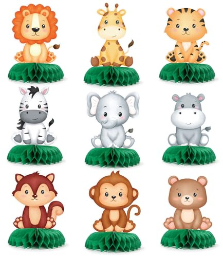 COMOOKA 9 Stück Dschungel Tiere Tischaufsteller Safari Geburtstag Deko | Tischdeko mit niedlichen Waldtiere Motiven, Wild One Deko 1. Geburtstag, Bienenwabe Mittelstück, Dschungel Deko Babyparty