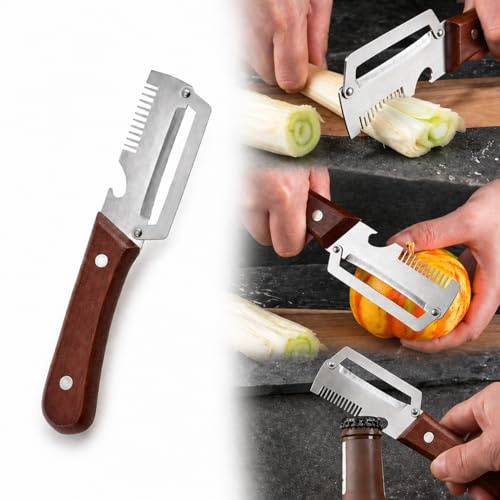3-in-1 Vegetable Peeler and Julienne Shredder with Wooden Handle, Stainless Steel Potato Peeler and Bottle Opener, Multi-Functional Kitchen Tool for Peeling Shredding and Opening Bottles (Burlywood)
