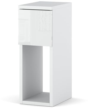 INNOVAHOME Nachttisch Schmal, Weiß Hochglanz, 20cm | Platzsparend, Tiefe 25cm Schublade, Beistelltisch für kleine Räume, Made in EU