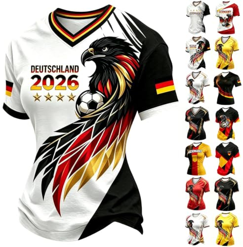 WM Trikot 2026 Deutschland Damen Fußball Trikot Retro Fan Shirt mit Adler Deutschland Flagge Druck Große Größen Shirts Weich Und Bequem Kurzarm V Ausschnitt T-Shirt Fanartikel S-5XL