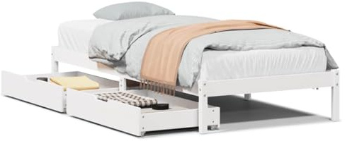Yisssmeng Massivholzbett 75x190 cm Weiß, Bettgestell aus Kiefernholz mit Lattenrost und 2 Schubladen auf Rollen, Einzelbett Holzbett für Schlafzimmer und Gästezimmer