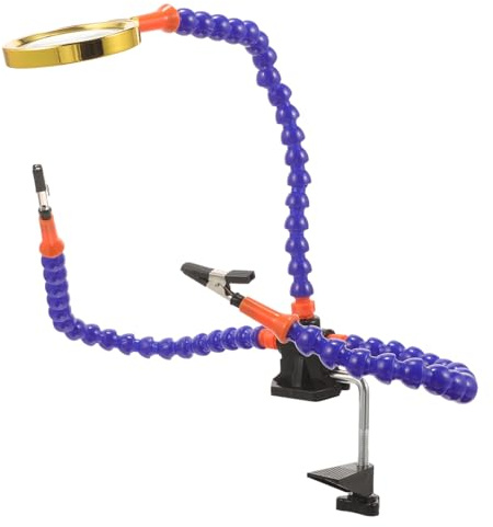 Claw Welding Hand Clamp with Magnifying Glass, Blue | 3-hole Design, Rubber and Iron Build, Aviation Modeling and Soldering Use