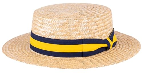 ZAKIRA Classic Straw Boater Hat Handmade from Natural Straw (Navy-Yellow-Navy Band, S)