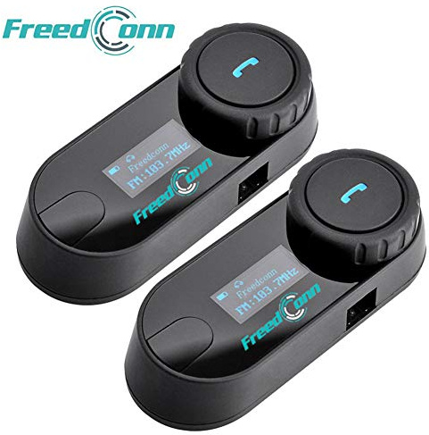 FreedConn Motorrad Kommunikation System, Helm Bluetooth Intercom,Helm Headset(800m Reichweite,Damit drahtlos anrufen, Telefongespräch empfangen,Mp3-Musik hören,FM Radio(2 Set mit Weichem Kabel)