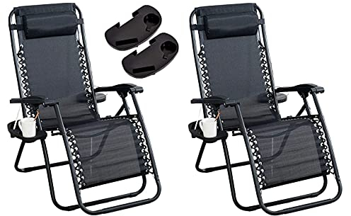 Abaseen Sun Loungers Set of 2 | Zero Gravity Chairs Set of 2 with Table, Cup Holder | Reclining Sun Loungers In Black | Garden Patio Foldable Reclining Chairs | Heavy Duty Design Folding Sun Lounger