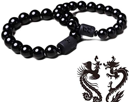 EEzyzy Schwarzer Obsidian Drache Phoenix Perlen Paare Liebhaber Armreif Armband Schmuck 2St. (Drache + Phönix)
