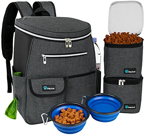PetAmi Rucksack für Hunde | Rucksack Organizer mit Kotbeutelspender, Taschen, Futterbehälter, Tasche, Faltbarer Napf | Wochenend-Reise-Set für Wandern über Nacht Camping Road Trip (Anthrazit)