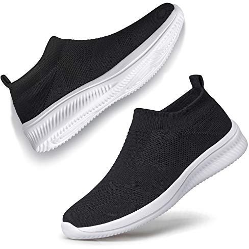vibdiv Zapatos Planos Caminar Mujer Zapatillas Casual Zapatos Diarios sin Cordones Ligeros Cómodos Negro Blanco 42