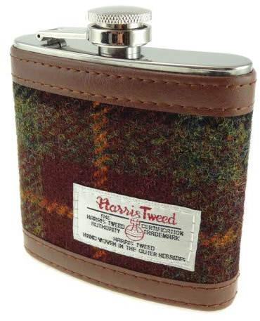KWH Glen Appin Of Scotland Rust Brown Green Check Harris Tweed 6oz Stainless Steel Pocket Hip Flask