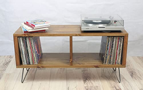 Wooden Industrial Record Player Stand, Vinyl Record Storage Cabinet, TV stand, Music Stand, Made with Solid Wood (100cm MIDDLE DIVIDER, Oak)