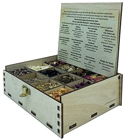 Räucherbox Geschenkbox mit 12 Sorten Räuchermischungen Harmonie und Liebe, 14 x 10 x 4 cm