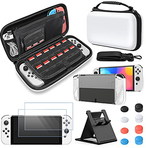 FYOUNG Zubehör Bundle Kompatibel mit Nintendo Switch OLED-Modell mit Tragetasche und Schutzhülle Tragbarer Tasche für Switch OLED & Hülle & Displayschutz & Joystick Kappen - Weiß